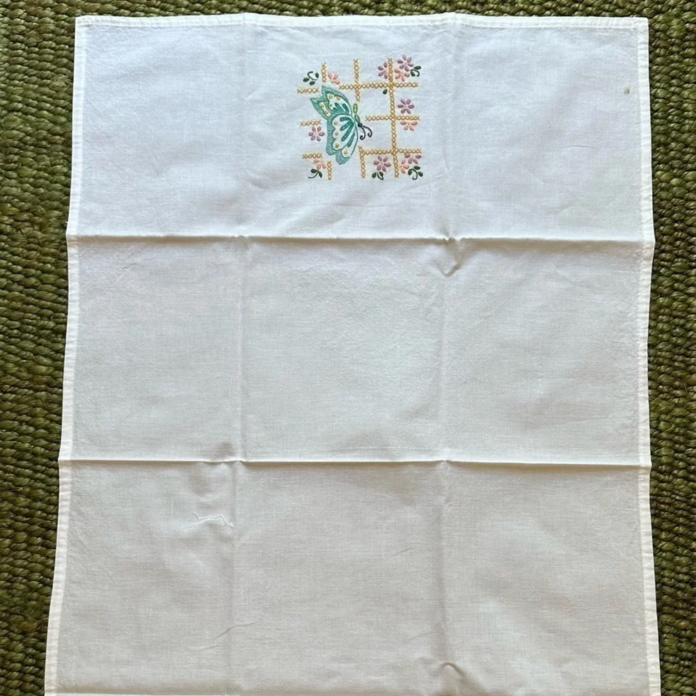 Hand Embroidered Flour Sack Tea Dish Towel Butterfly Floral Cottagecore
